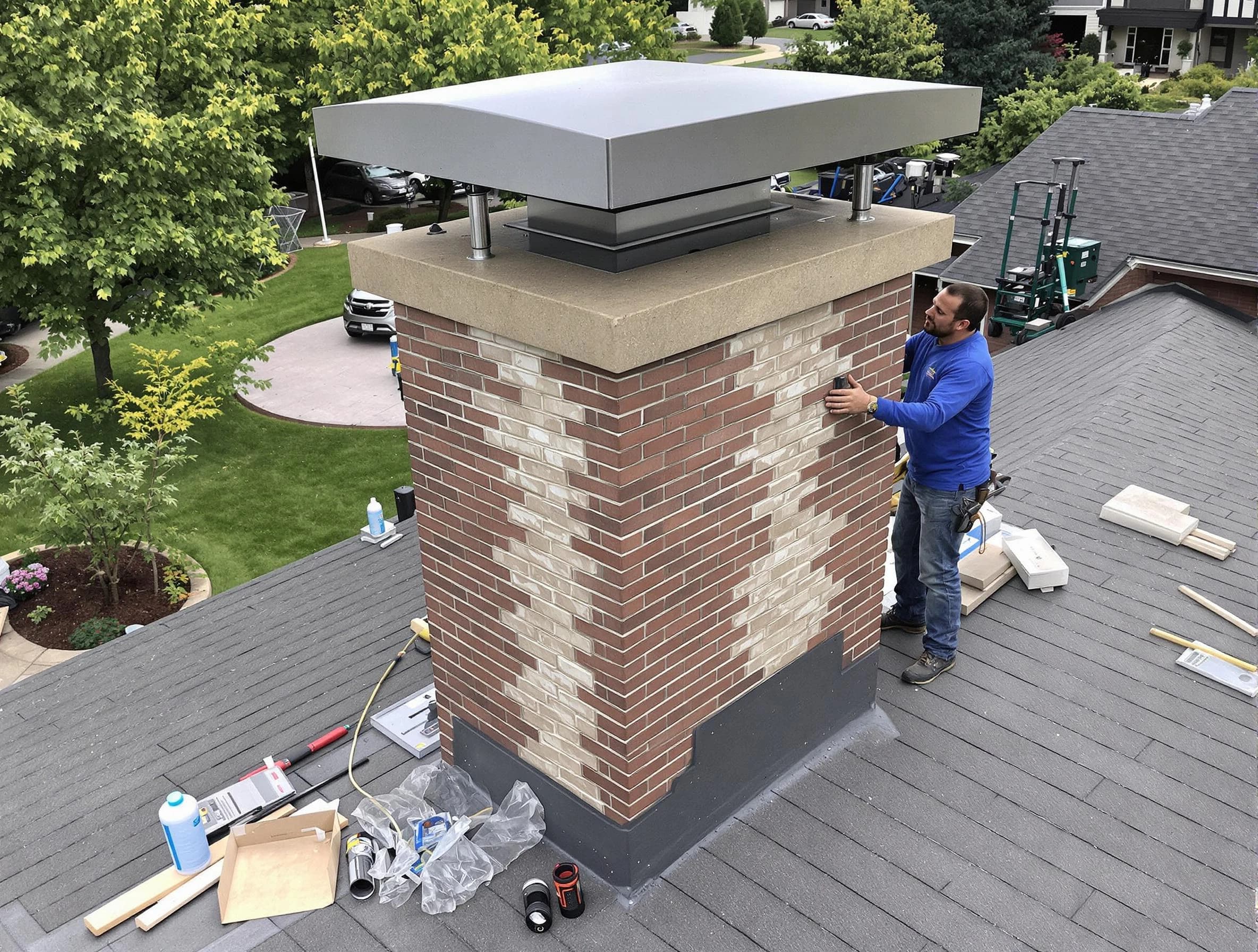Woodlake Chimney Sweep team working on a custom chimney remodel in Woodlake, VA